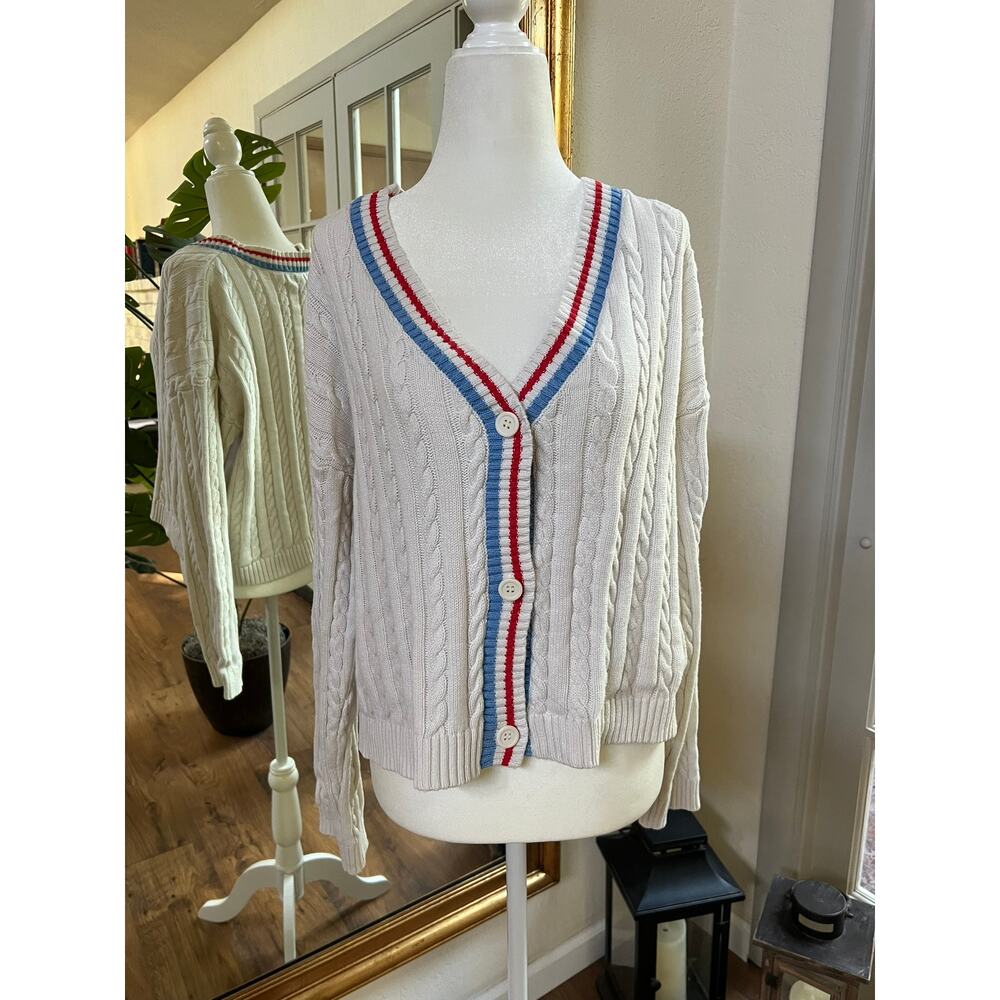 Preppy Women's Cardigan Ivory Cable Knit Sz XXL Prince Pickleball 100% Cotton